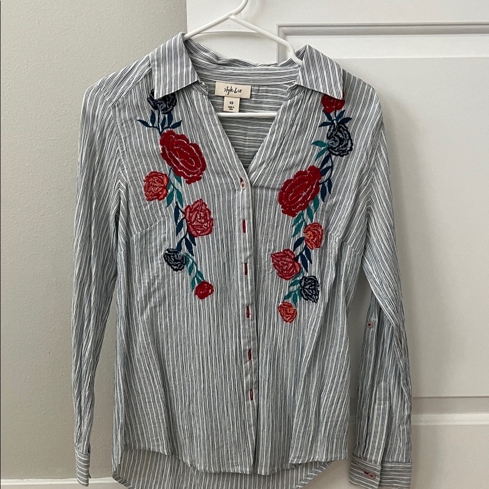 Style & Co. Striped Button-Front Shirt with Red Floral Embroidery